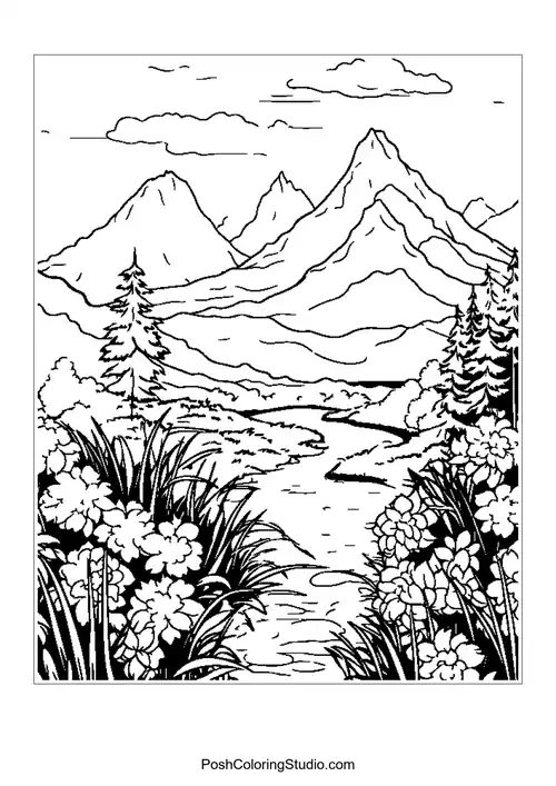 Mountains with a river and flowers in the foreground.