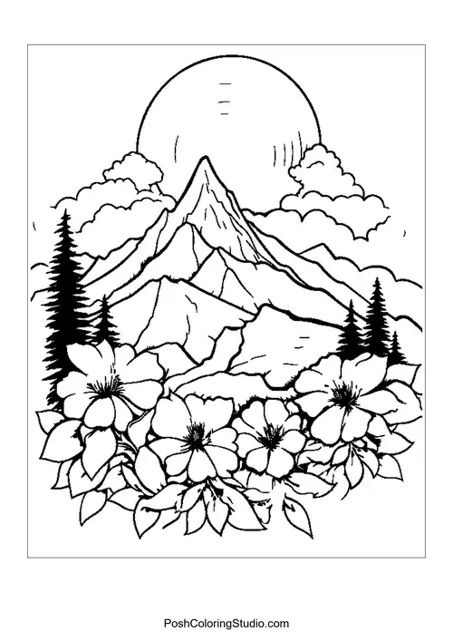 A mountain landscape with flowers and a winding river.