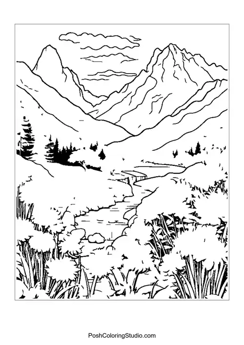 A scenic view of mountains with flowers and a river.
