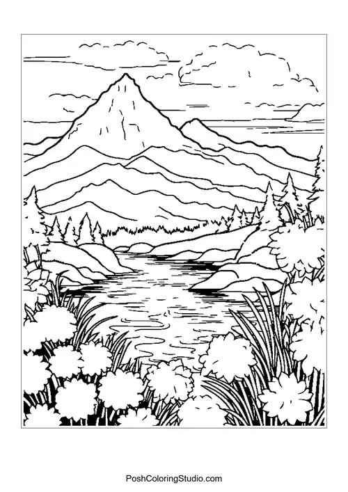 Mountains with a river and flowers in the foreground.
