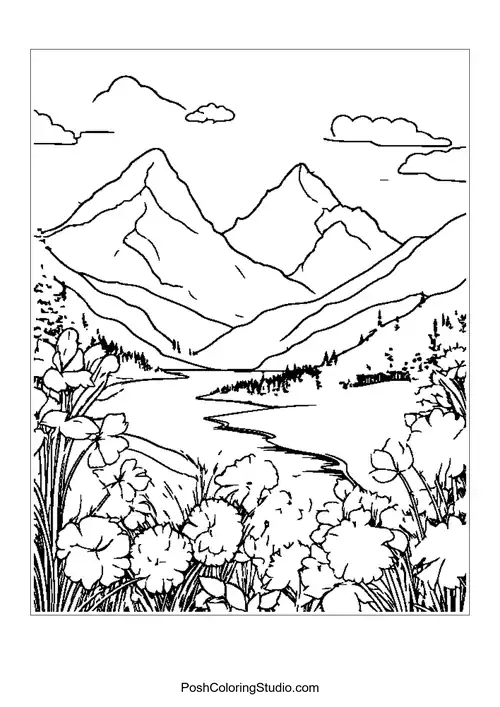 A mountain landscape with flowers and a winding path.