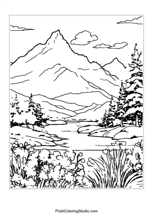 Mountains with a river and flowers in the foreground.