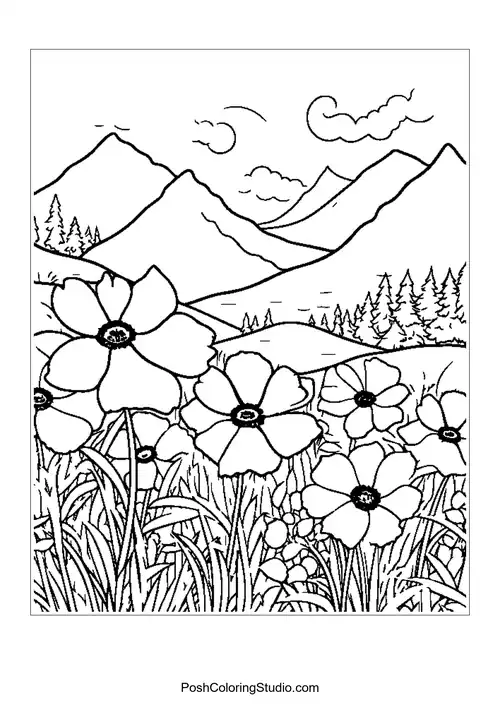 A scenic view of mountains with flowers and a river.