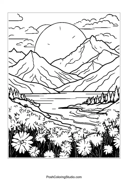 A mountain landscape with flowers and a winding river.