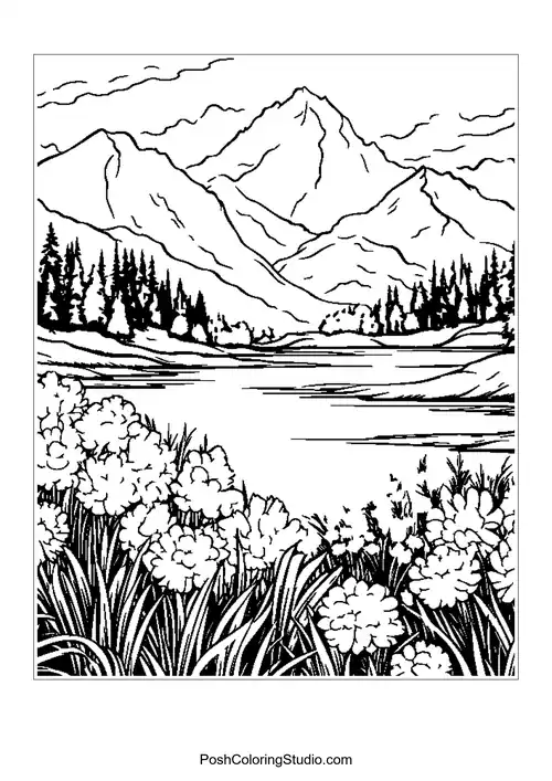 Mountains with a river and flowers in the foreground.