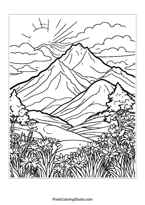 Mountains with a sun rising over the peaks.