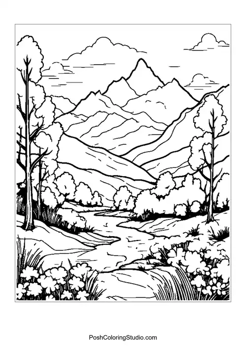 A serene mountain landscape with a flowing river and blooming flowers.