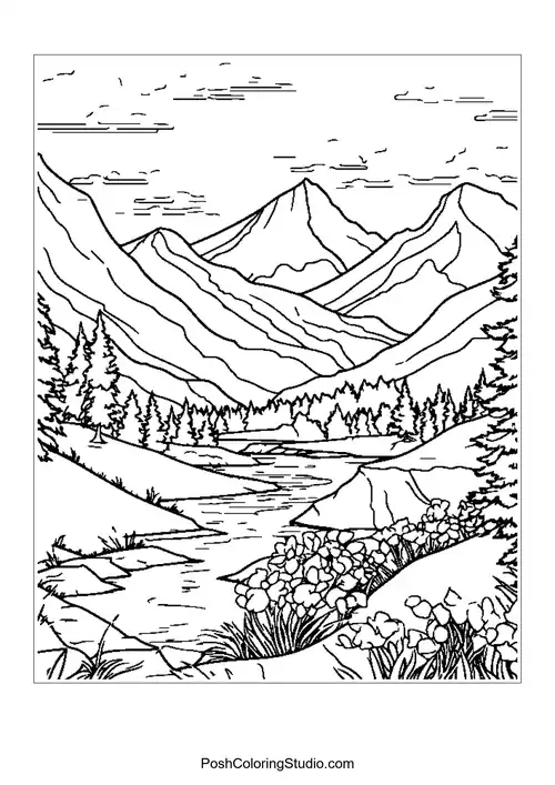 A picturesque mountain view with a river and blooming flowers.