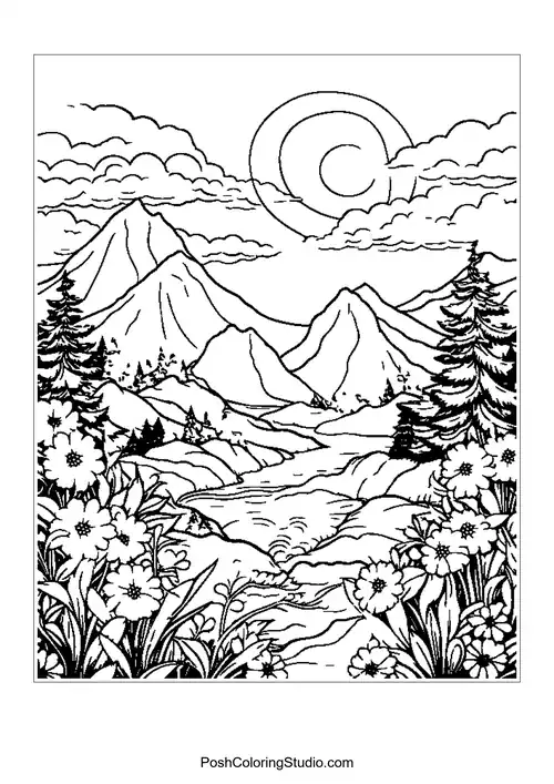 A mountain scene with a river and trees, framed by flowers.
