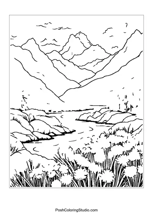 A mountain landscape with a river and various wildflowers.