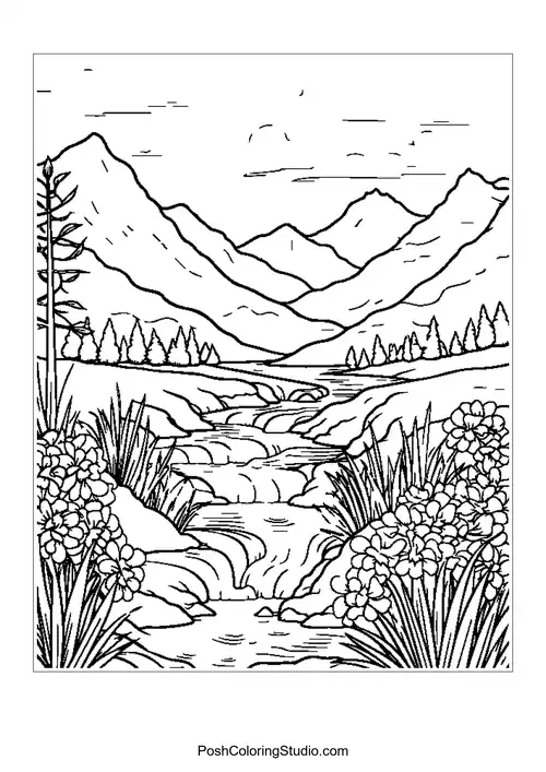 A scenic view of mountains and a river, adorned with flowers.
