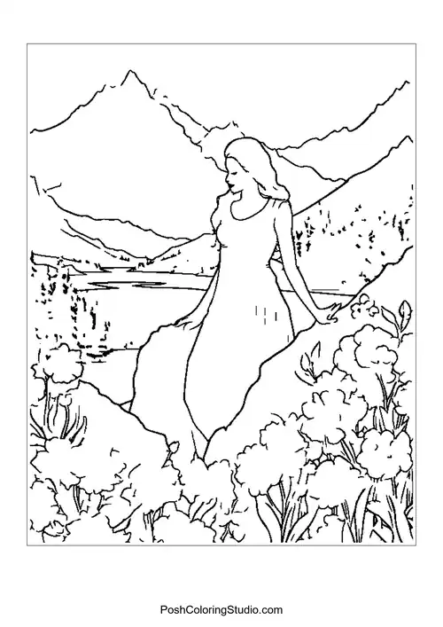 A mountain scene with a river and flowers, under a bright sun.