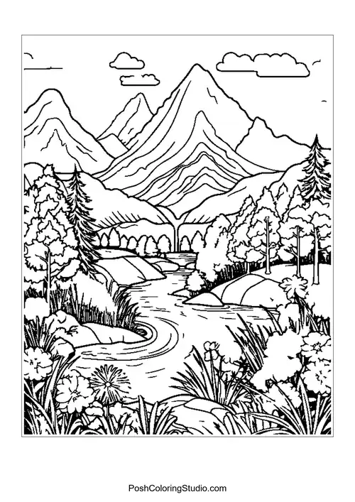 A mountain landscape with a river and a variety of flowers.