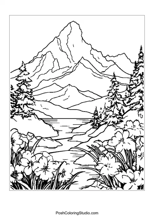 A mountain landscape with a river and a variety of wildflowers.