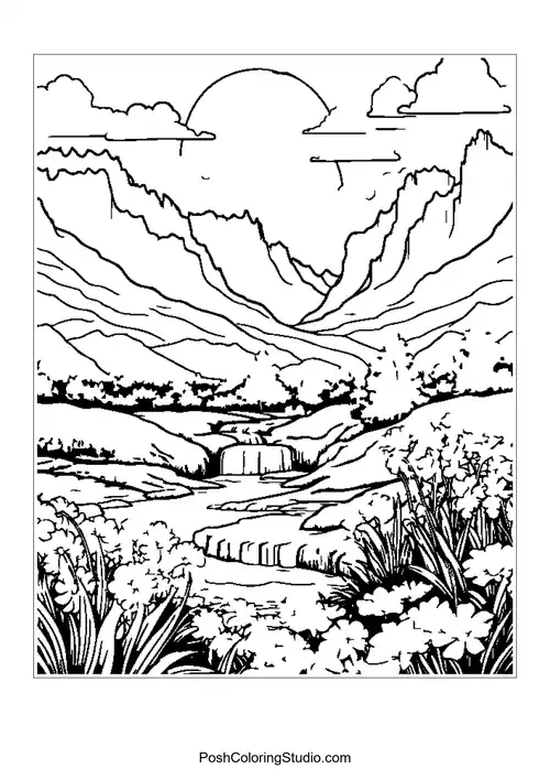A tranquil mountain landscape with a river and wildflowers.