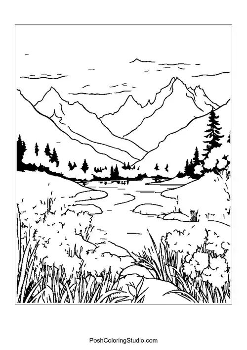 A mountain scene with a river and blooming flowers in the foreground.