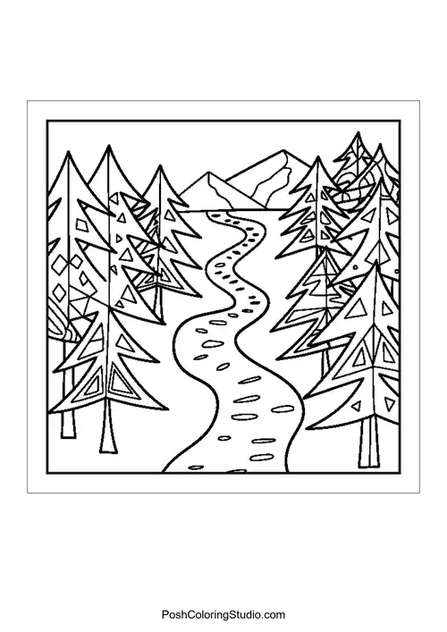 A landscape with mountains and a river flowing through.