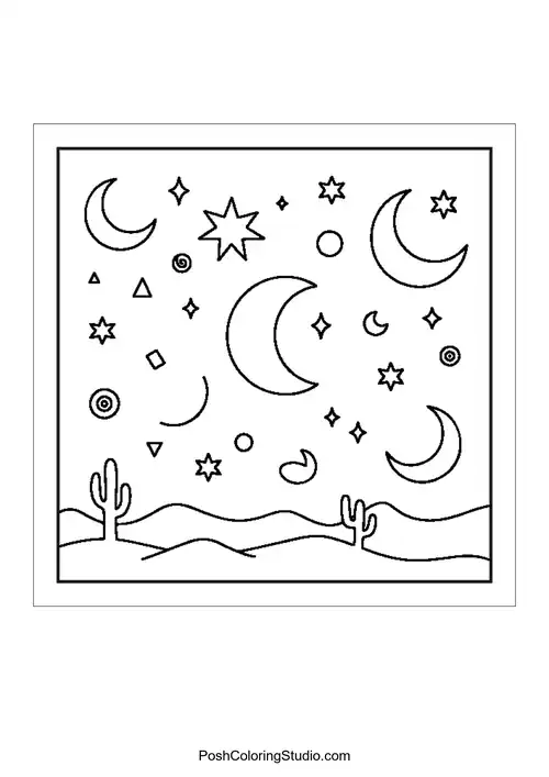 A starry night sky with moons and cacti silhouettes.