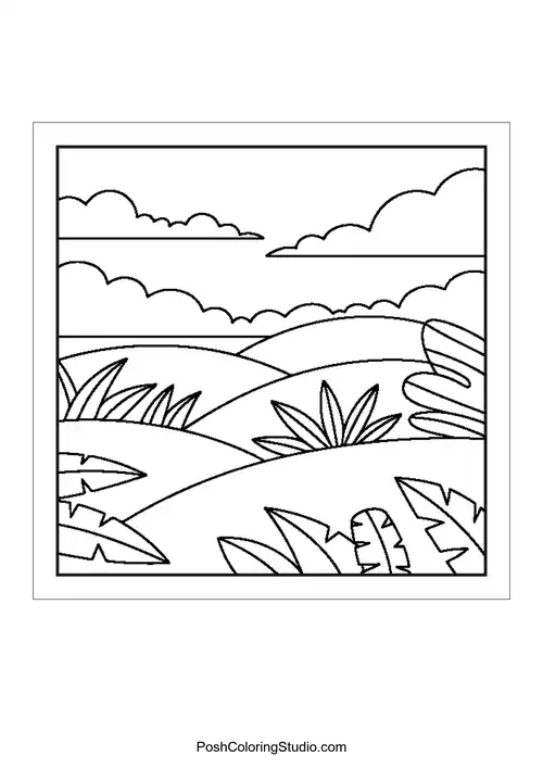 A landscape with hills and tropical plants.