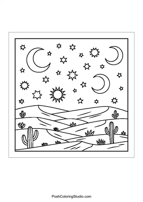 A field of wheat with a sun and stars above.
