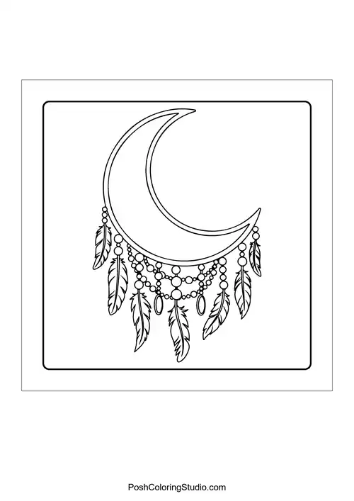 A crescent moon adorned with feathers and beads.
