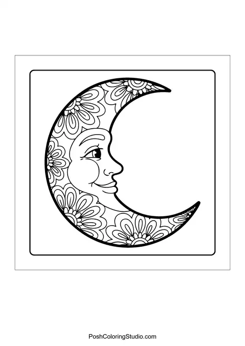 A crescent moon with floral patterns and a face.