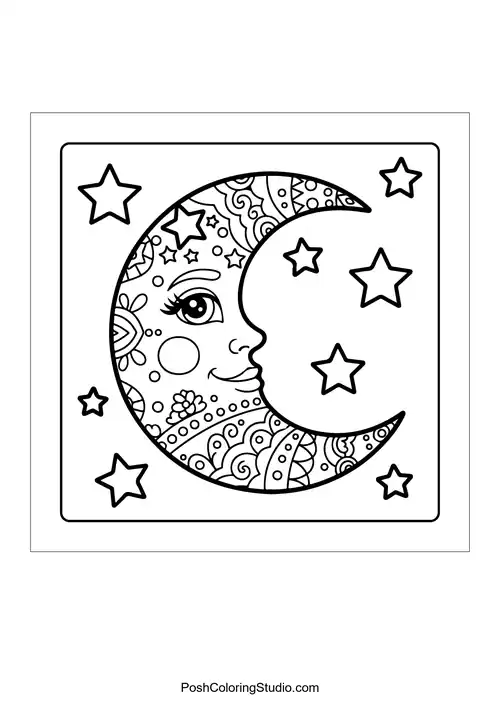 A crescent moon with hanging feathers and stars.