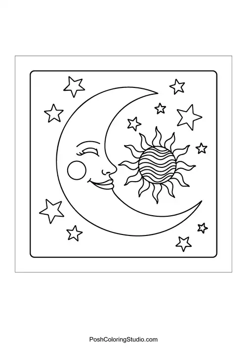 A crescent moon with arrows and feathers.