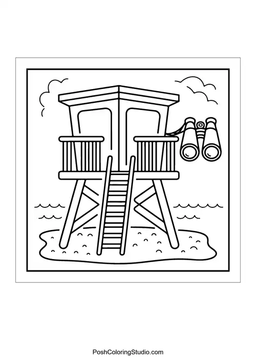 A beach scene with a sun and a surfboard.