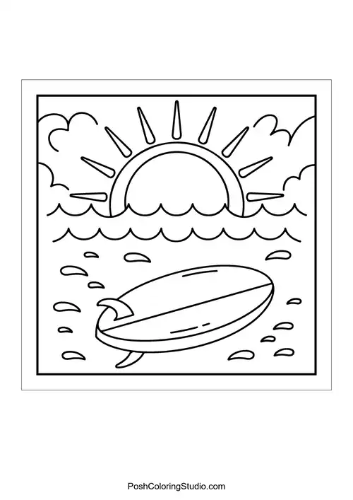 A beach scene with a sun and a surfboard.