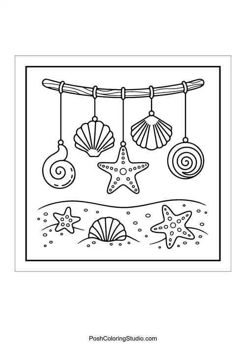 Hanging seashells and starfish above a sandy beach.