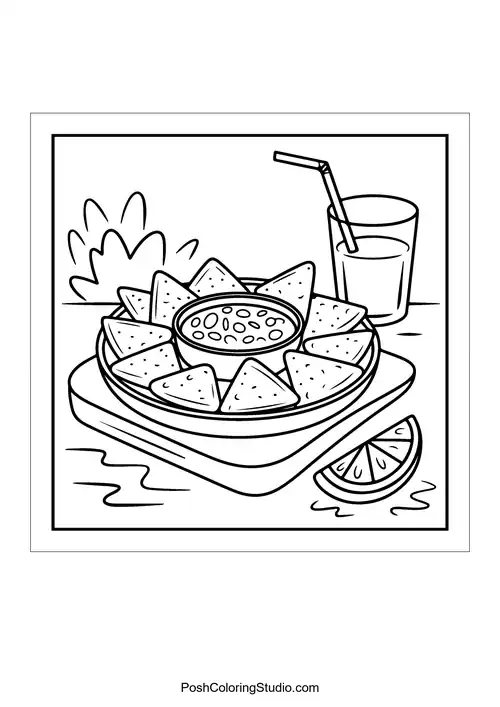 A plate of nachos with a drink beside it.