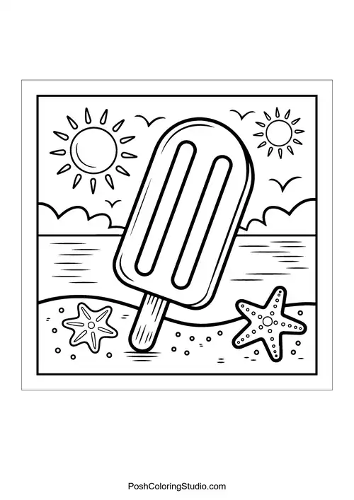 A popsicle resting on the beach with starfish.