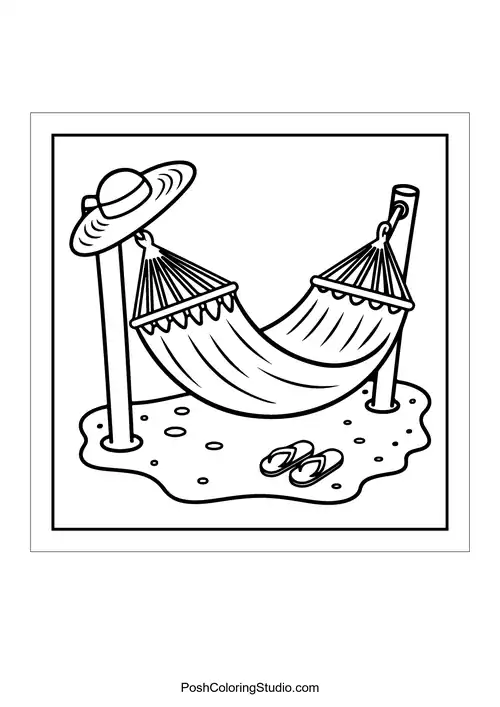 A hammock under a sun hat and flip-flops.