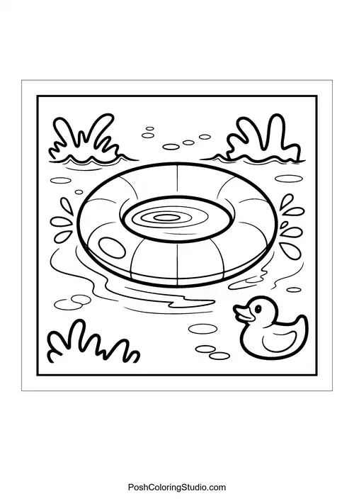 A lifebuoy floating in water with a duck.