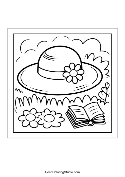 A sun hat, flowers, and a book on grass.