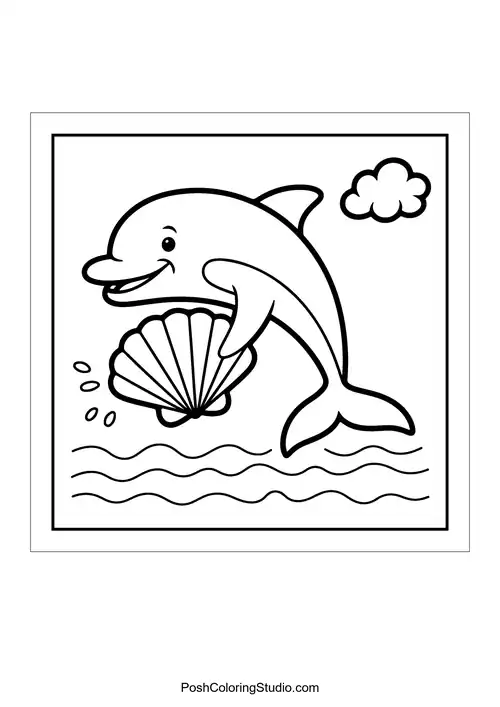 A dolphin jumping with a seashell in its mouth.
