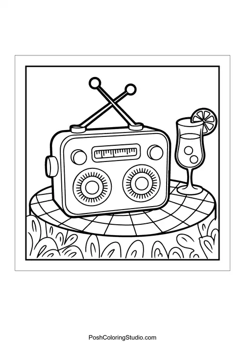 A vintage radio with a cocktail beside it.