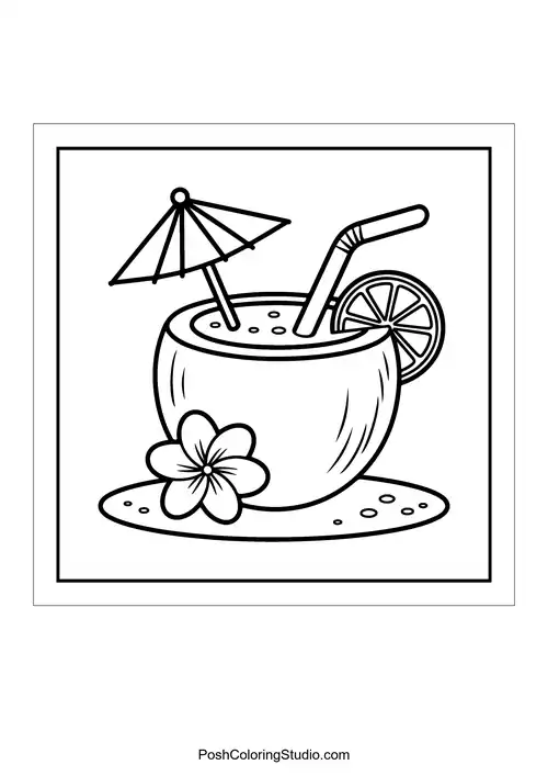 A coconut drink with a flower and umbrella.