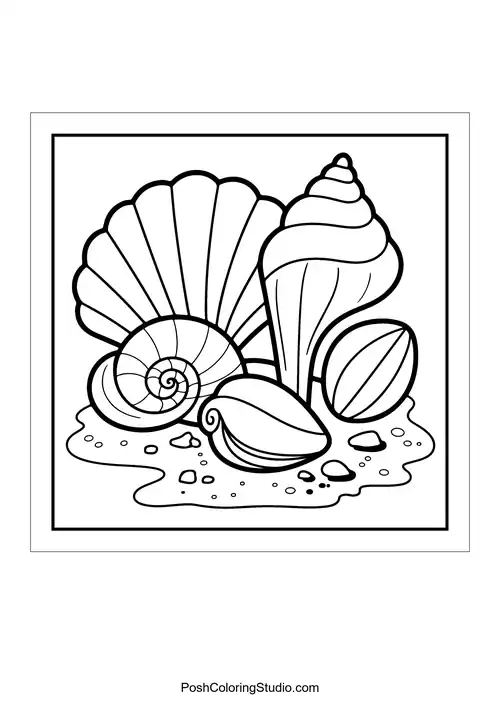 Various seashells arranged on the sand.
