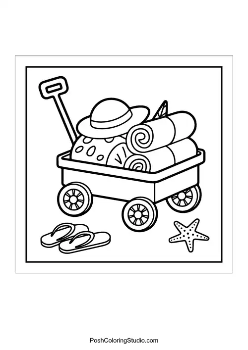 A beach cart filled with towels and a hat.