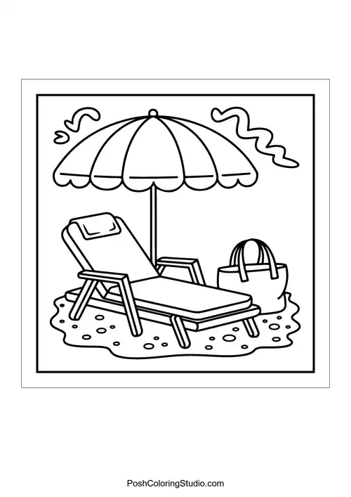 A beach chair under an umbrella with a bag.