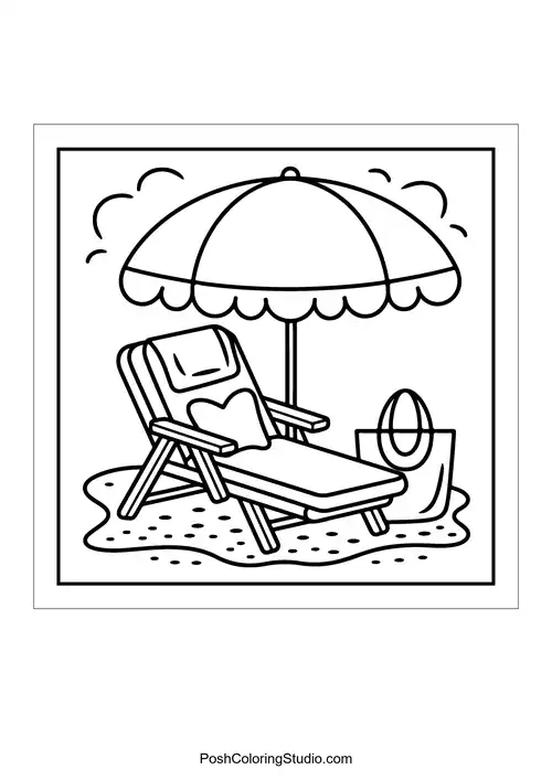A beach chair under an umbrella with a bag.