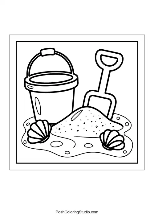 A bucket and shovel beside a sand pile.