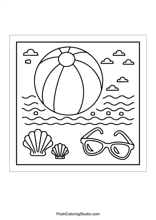 A beach ball, seashells, and sunglasses on sand.