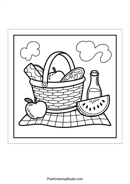 A picnic basket with fruits and drinks.