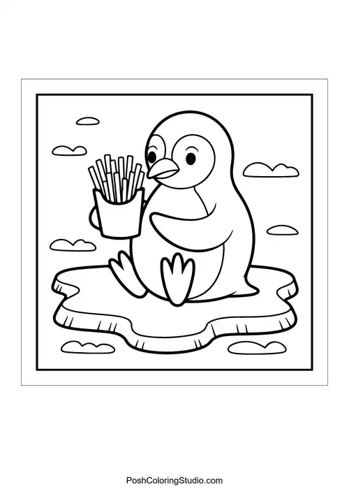 A penguin holding fries on an ice floe.