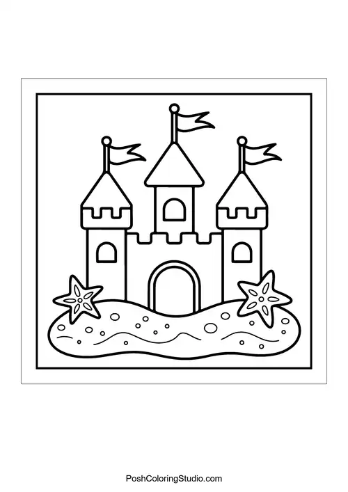 A sandcastle with flags and starfish around it.