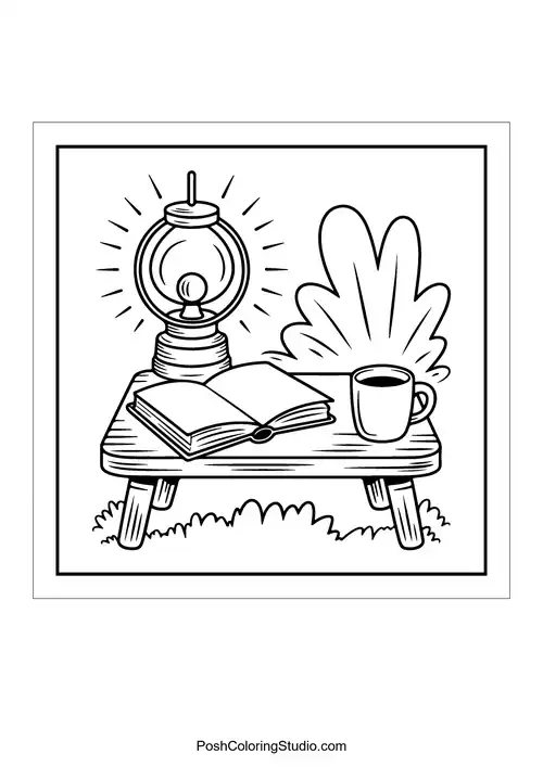 A lantern on a table with a book and cup.