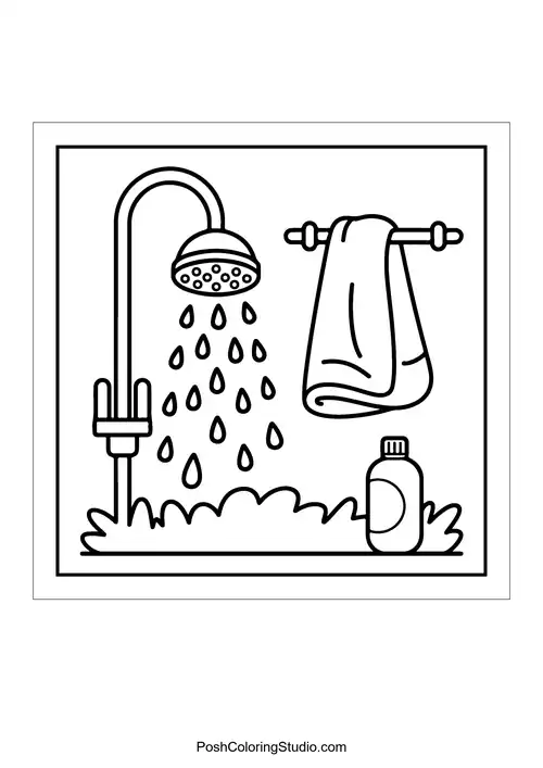 An outdoor shower with a towel and shampoo.